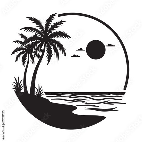 vector illustration of a tropical beach, palm, beach, tree, sea, tropical, summer, island, sun, vector, ocean, nature, illustration, travel, landscape, water, sunset, sky, sand, vacation, silhouette, 