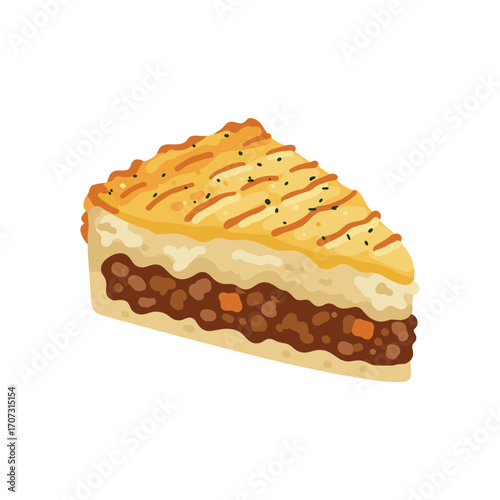Illustration of delicious shepherd's pie slice with meat and mashed potato layers – flat illustration