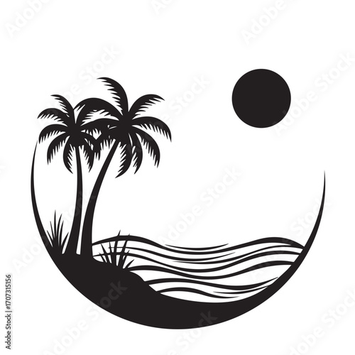 vector illustration of a tropical beach, palm, beach, tree, sea, tropical, summer, island, sun, vector, ocean, nature, illustration, travel, landscape, water, sunset, sky, sand, vacation, silhouette, 