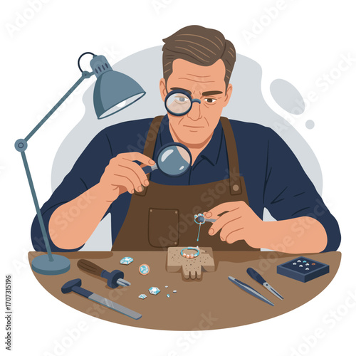 Caucasian male jeweler crafting at bench with tools and magnifying glass – flat illustration