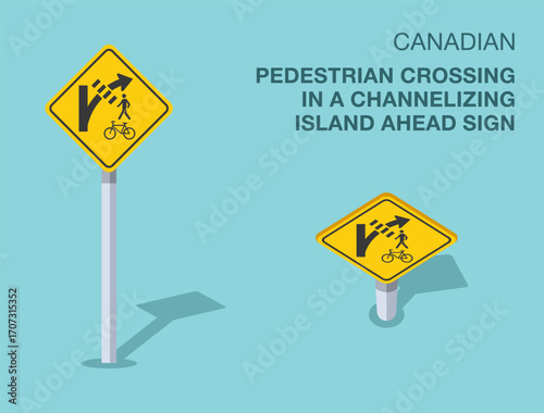 Traffic regulation rules. Isolated canadian "pedestrian crossing in a channelizing island ahead" road sign. Front and top view. Flat vector illustration template.