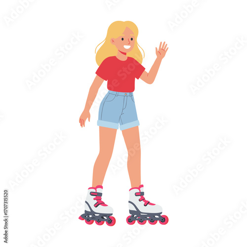 Young caucasian female rollerblading in red shirt and denim shorts smiling – flat illustration