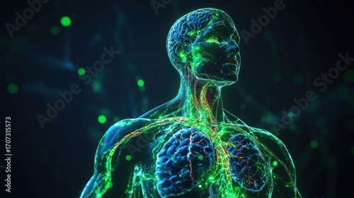 Digital medical rendering of the human body with glowing green veins and lungs