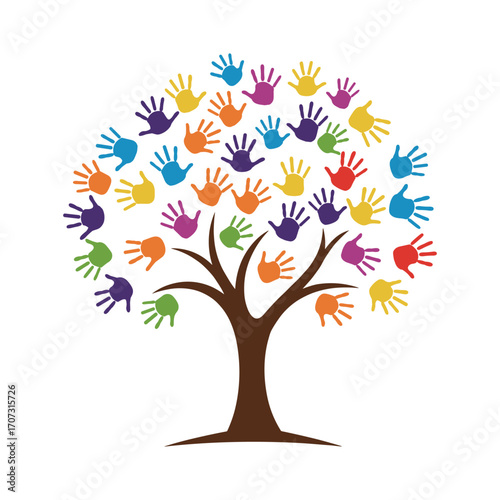 Colorful handprint tree with multicolored handprints on branches – flat illustration