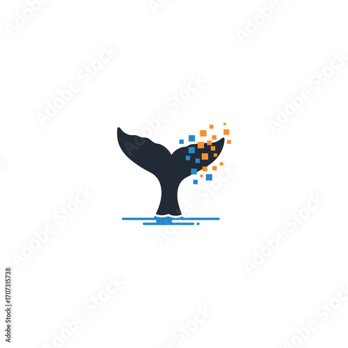 Digital whale tail logo with pixel transformation – flat illustration