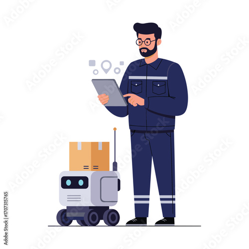 Young caucasian male engineer using tablet to control delivery robot – flat illustration