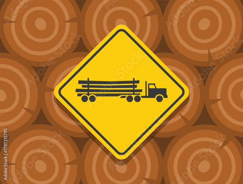 Safe driving tips and traffic regulation rules. Watch for logging trucks. Yellow warning road sign on a timber background. Flat vector illustration template.