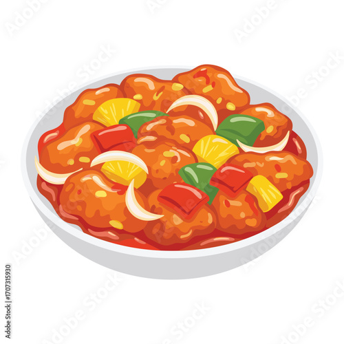 Delicious sweet and sour chicken with peppers and pineapple in a bowl – flat illustration