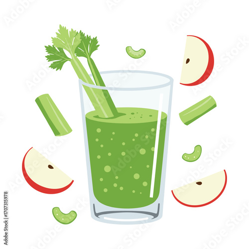 Refreshing green smoothie with celery and apple slices – flat illustration
