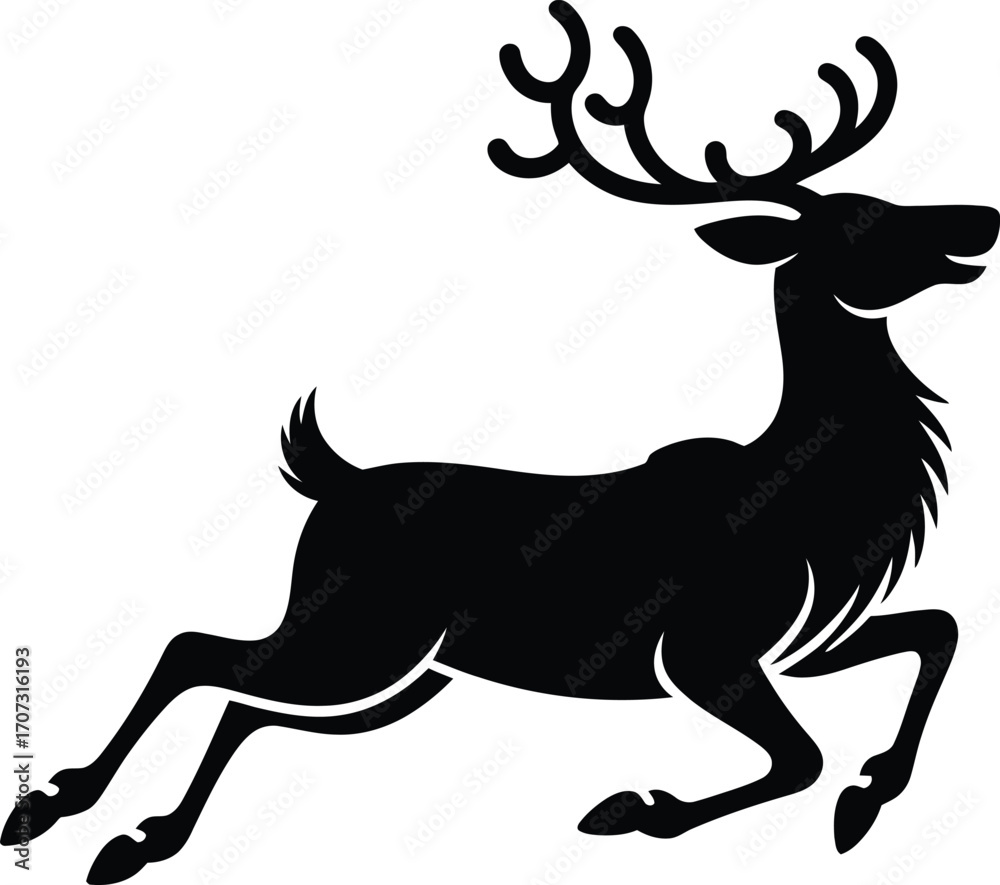 Obraz premium Graceful Black Silhouette Illustration of a Reindeer in Mid-Leap on a Transparent Background for Winter and Holiday Themed Designs