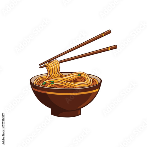 Delicious bowl of noodles with chopsticks and green onions – flat illustration