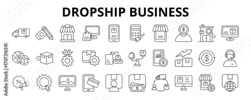 30 Dropship Business Line Icons Vector - Online Store, Product Sourcing, Logistic Service, Supplier Management, Sales, Branding, Inventory