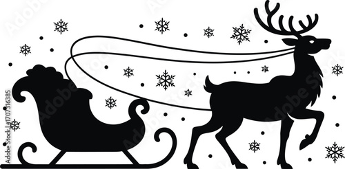 Dynamic Reindeer Silhouette Illustration Pulling Sleigh Vector Design with Black Details and Snowflakes for Winter Holiday Projects and Decor