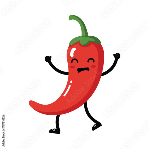Happy dancing cartoon chili pepper character with arms and legs – flat illustration