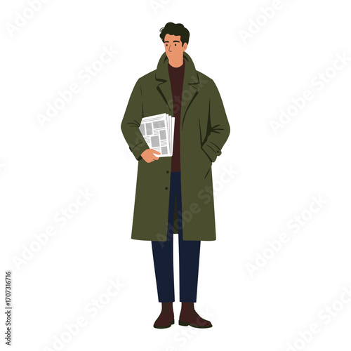 Young caucasian male reading newspaper in trench coat – flat illustration
