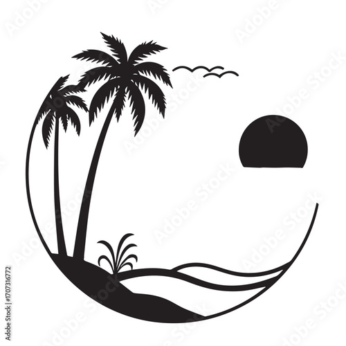 vector illustration of a tropical beach, palm, beach, tree, sea, tropical, summer, island, sun, vector, ocean, nature, illustration, travel, landscape, water, sunset, sky, sand, vacation, silhouette, 
