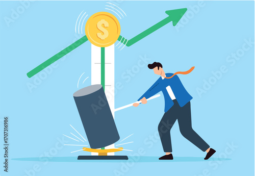Businessman hammering strength tester to reach top high graph in flat design