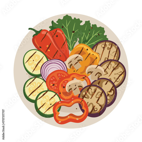 Delicious grilled vegetables plate with peppers, zucchini, eggplant, and mushrooms – flat illustration