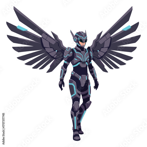 Futuristic winged armor suit with cybernetic enhancements – flat illustration