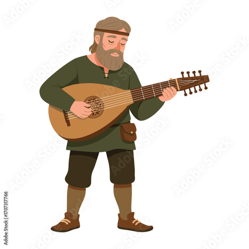 Caucasian male playing lute in medieval outfit – flat illustration