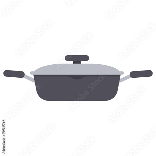 Gray nonstick cooking pan with lid and handles – flat illustration