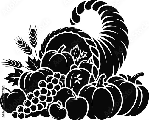 Cornucopia Silhouette Illustration: Black Horn of Plenty with Fruits and Vegetables on Transparent Background for Harvest and Abundance Designs