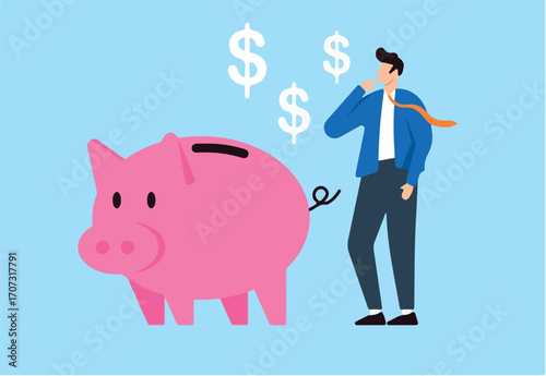 Flat vector illustration of confident businessman contemplates money profit with piggy bank