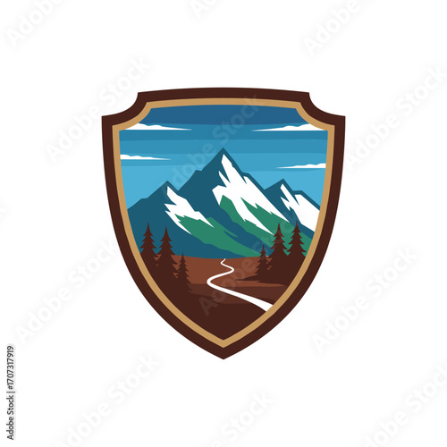 Mountain shield emblem with snow-capped peaks and pine trees on blue sky background – flat illustration