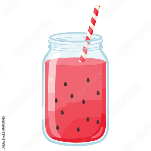 Refreshing watermelon juice in mason jar with straw and seeds – flat illustration