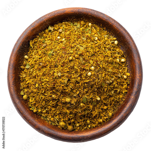 zaatar spice blend middle eastern seasoning with thyme sesame and sumac in rustic wooden bowl isolated on transparent png background for mediterranean cooking and food design