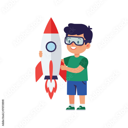 Young caucasian male child with toy rocket and goggles – flat illustration