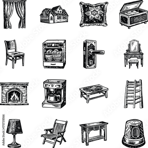 Set of Home Furniture Vintage Style Illustrations 

