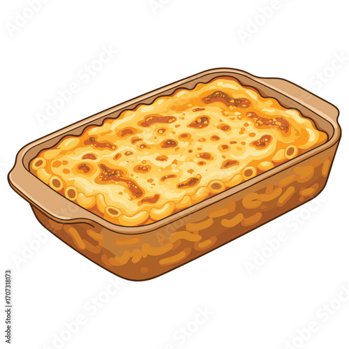 Golden baked macaroni and cheese in a brown dish with crispy cheddar topping – flat illustration