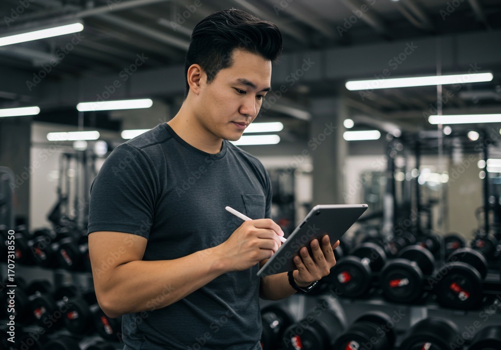Asian trainer using tablet in a gym for workout plan Asian trainer using tablet in a gym for workout plan