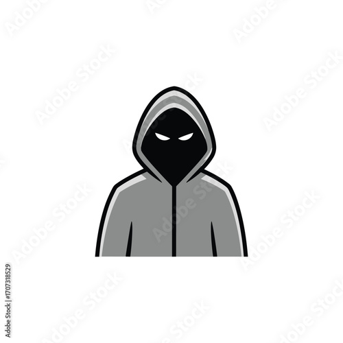 Mysterious hooded figure with dark face and piercing eyes – flat illustration