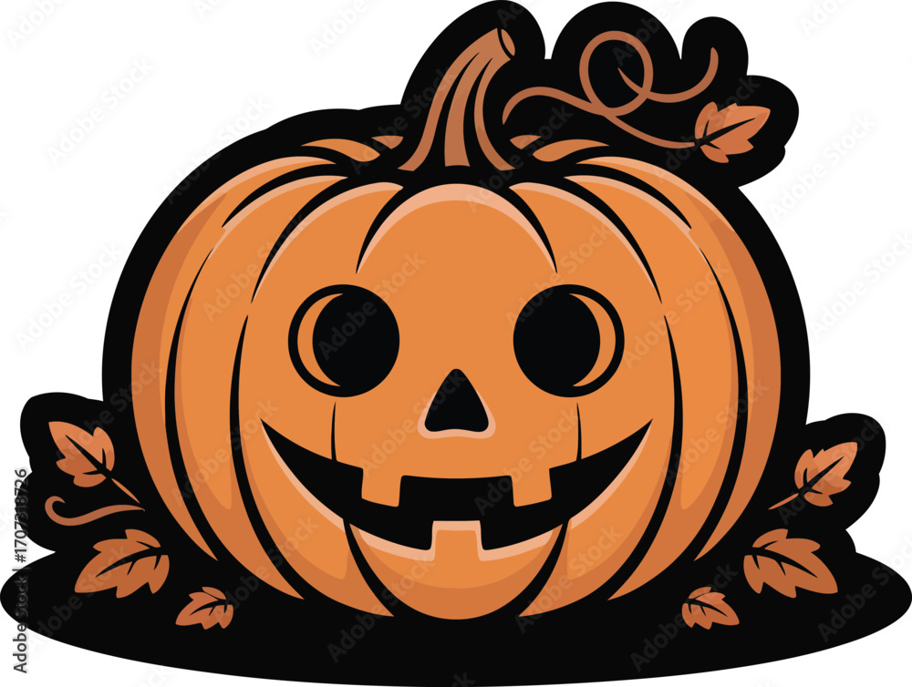 Fototapeta premium Festive Jack-o'-Lantern Illustration with Autumn Leaves, Perfect for Seasonal Greetings and Halloween-Themed Designs with a Black Silhouette