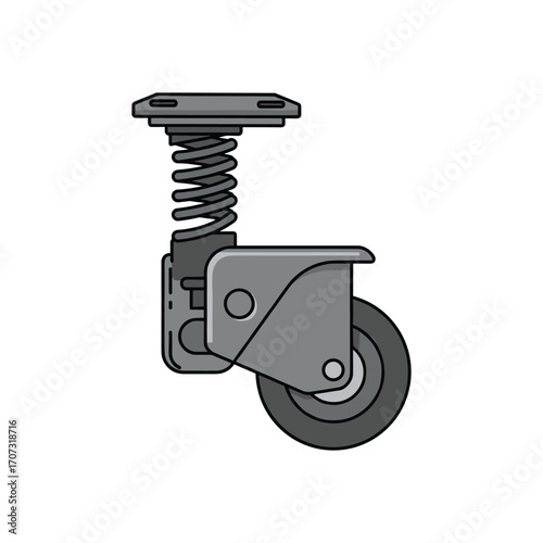 Metal spring swivel caster wheel with mounting plate for furniture and industrial use – flat illustration