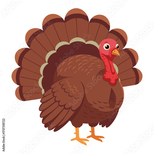 Colorful cartoon turkey with detailed feathers and bright eyes – flat illustration