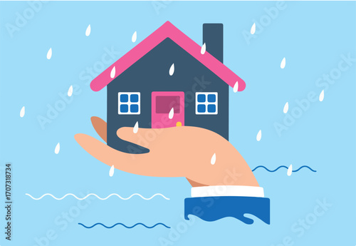 Giant hand protect house from floods in flat design
