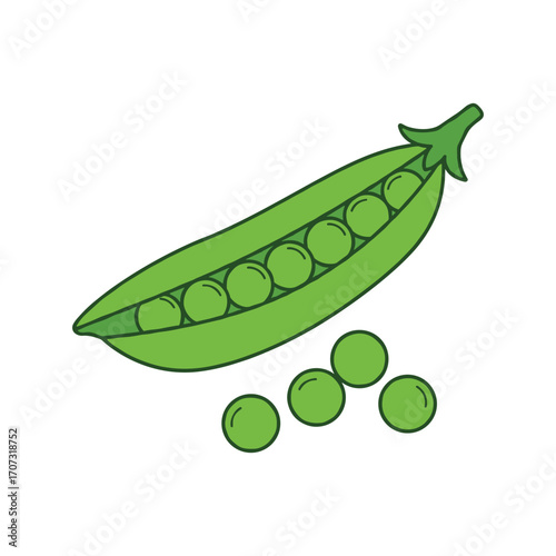 Illustration of fresh green pea pod with peas – flat illustration