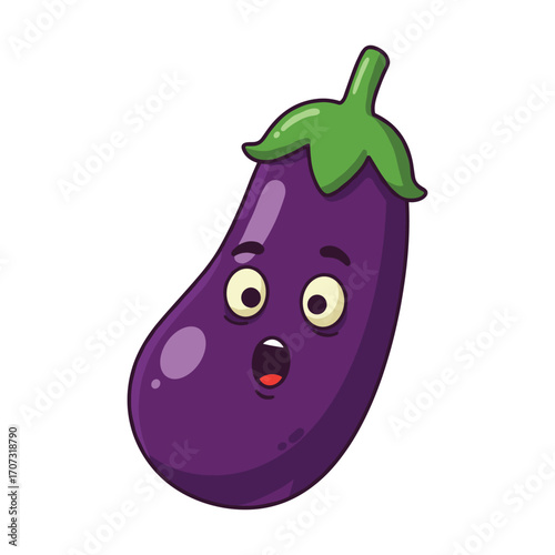 Surprised cartoon eggplant with expressive face and green leaf detail – flat illustration