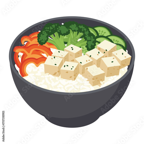 Vegan tofu rice bowl with broccoli, bell peppers, and cucumbers – flat illustration