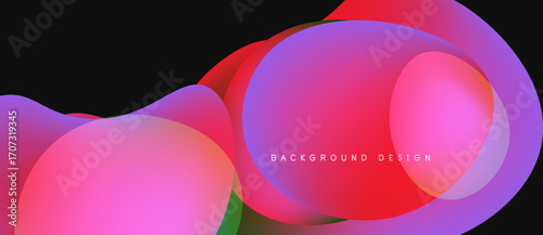 Abstract fluid shapes, vibrant pinks, reds, blues blend. Dark background emphasizes colorful overlapping forms, modern design element.