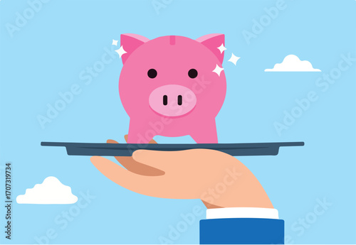 Businessman hand presents precious piggy bank on elegant tray in flat design