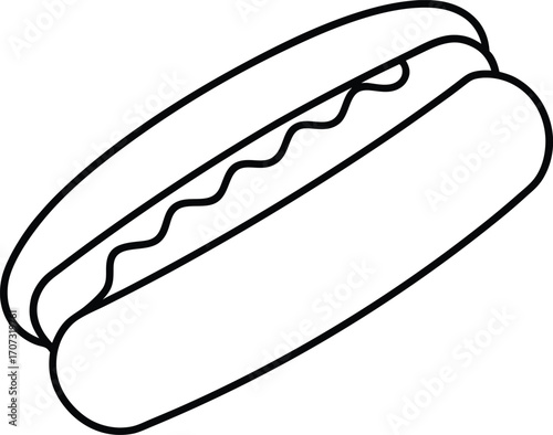 Black and white line drawing of a classic hot dog with wavy mustard sausage condiment 1