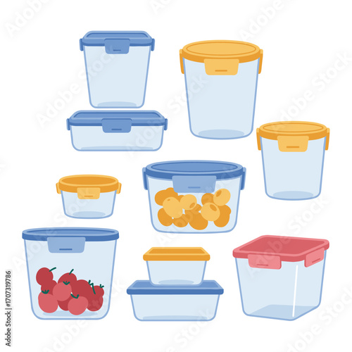 Assorted plastic food storage containers with lids in various colors and sizes – flat illustration