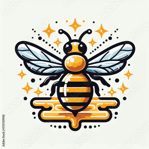 Detailed illustration of a bee with wings and honey design element.