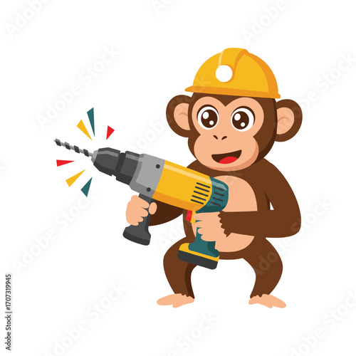 Cartoon monkey with hard hat holding power drill in construction theme – flat illustration