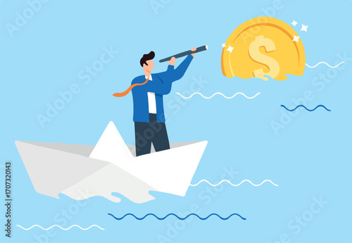 Businessman riding paper boat spotting distant gold coin with telescope in flat design
