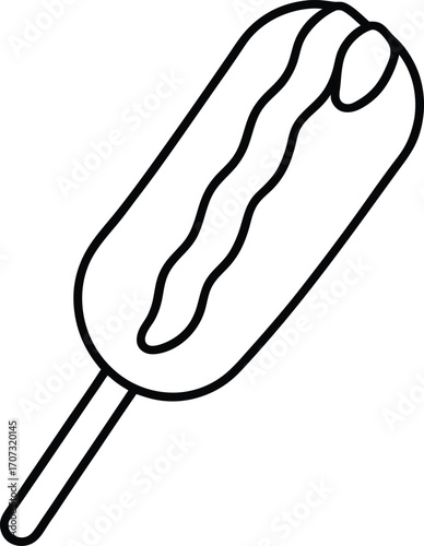 Black and white line drawing of a corn dog with wavy topping on a stick food snack